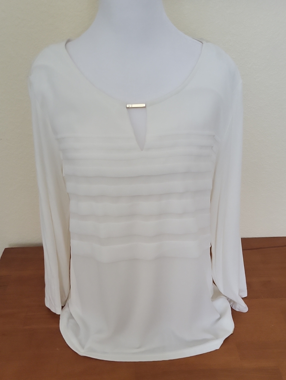 Calvin Klein Cream/Off White Pleated Front Long-Sleeve Top with Gold Accent